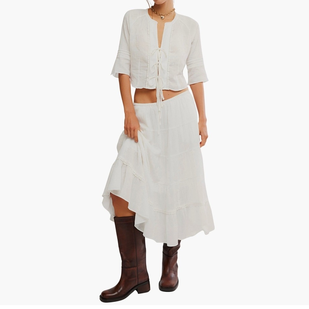 FREE PEOPLE Skirt Set Womens L White Tie Front Tiered Boho Cottagecore Gauze